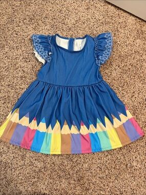Girls' Blue Short Sleeve Dress with Rainbow Pencil Hem